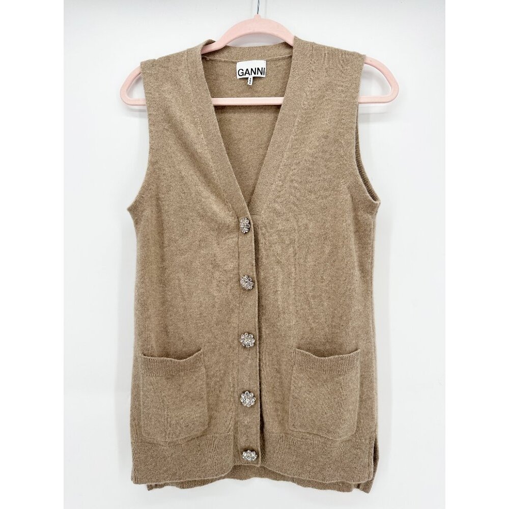 CRYSTAL-BUTTON SLEEVELESS CASHMERE CARDIGAN IN BRAZILIAN SAND Sz S - Picture 2 of 7
